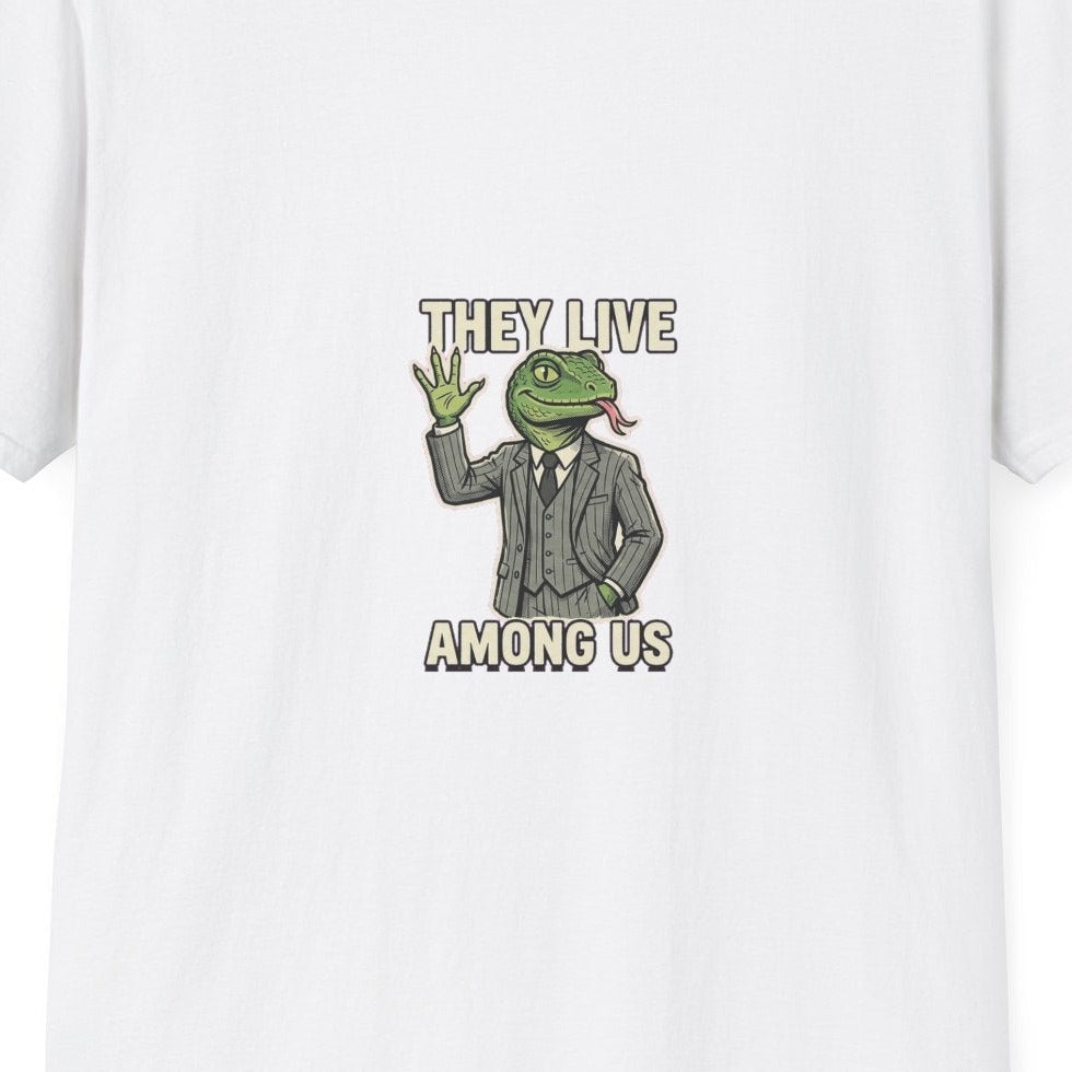 They Live Among Us reptilian tee design closeup